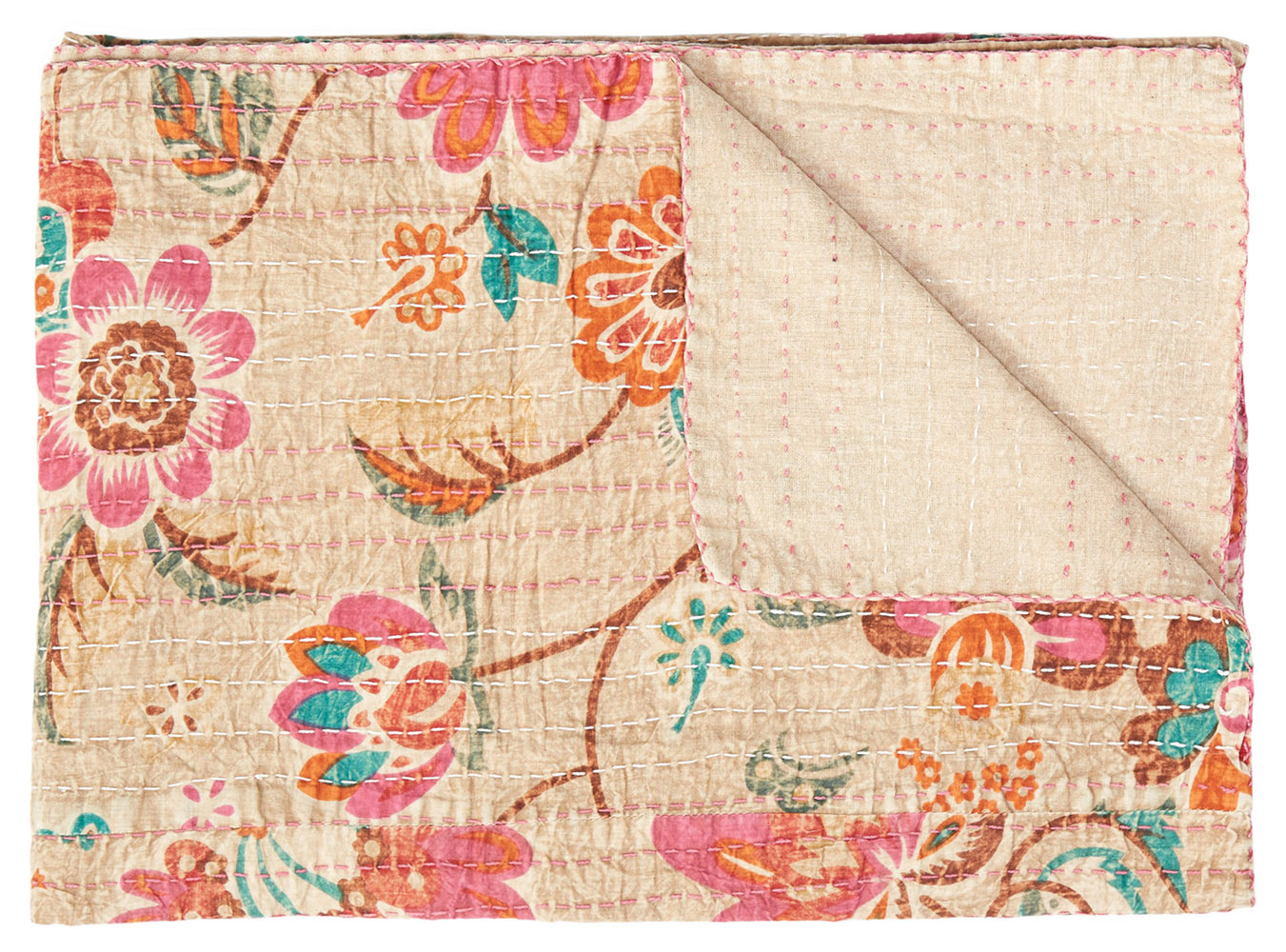 50" X 70" Beige Pink Orange and Green Cotton Kantha Floral Throw Throw Blanket with Embroidery - Image 2