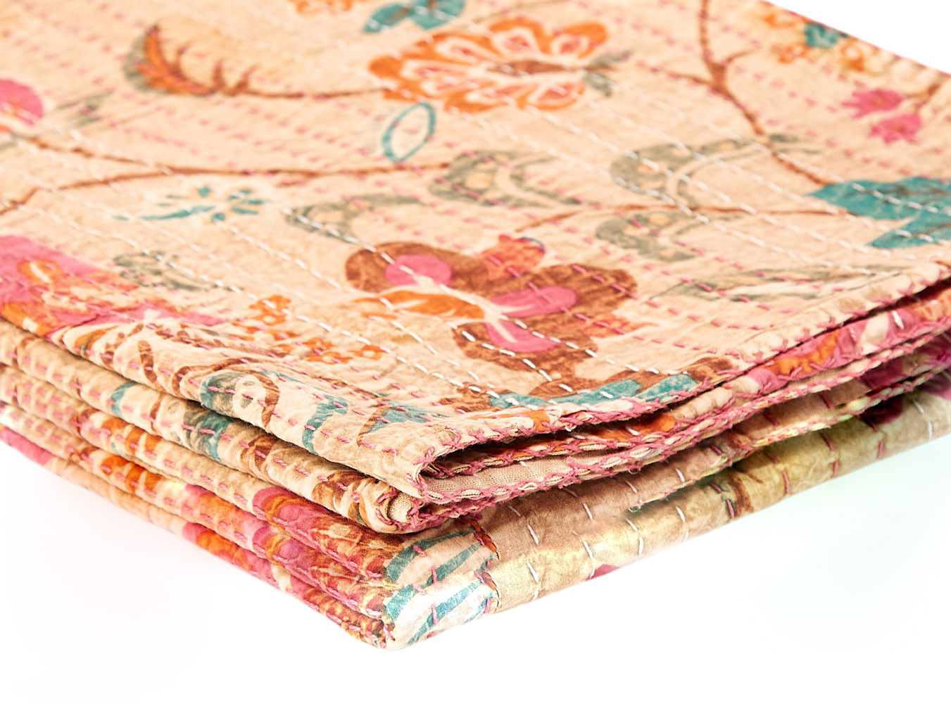 50" X 70" Beige Pink Orange and Green Cotton Kantha Floral Throw Throw Blanket with Embroidery - Image 4