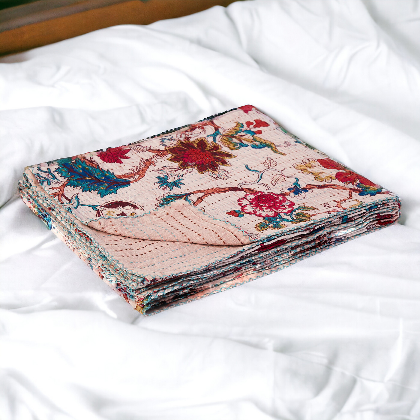 50" X 70" Pink and Red Kantha Cotton Floral Throw Blanket with Embroidery - Image 2