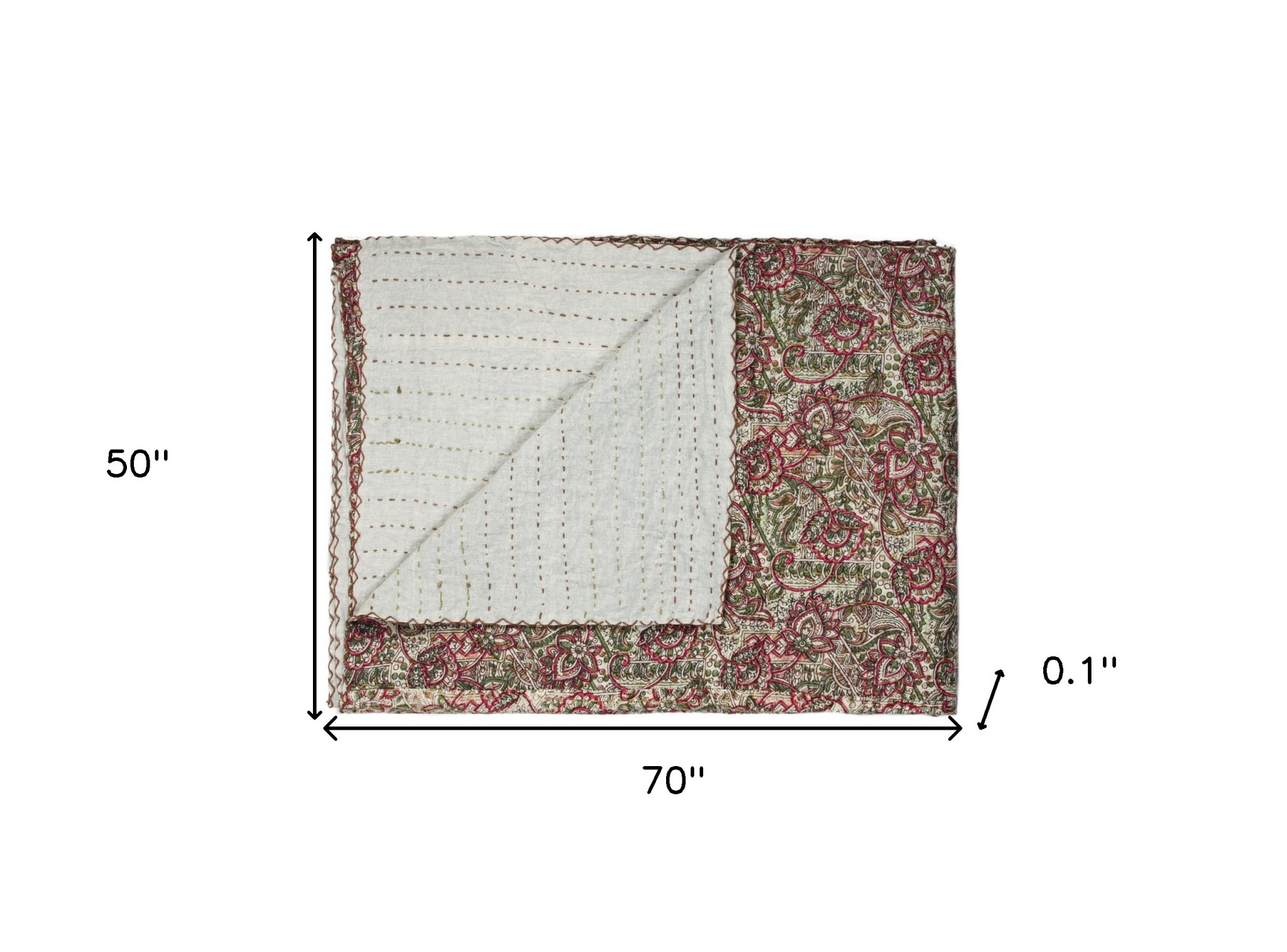 50" X 70" Green and Red Kantha Cotton Damask Throw Blanket with Embroidery - Image 6