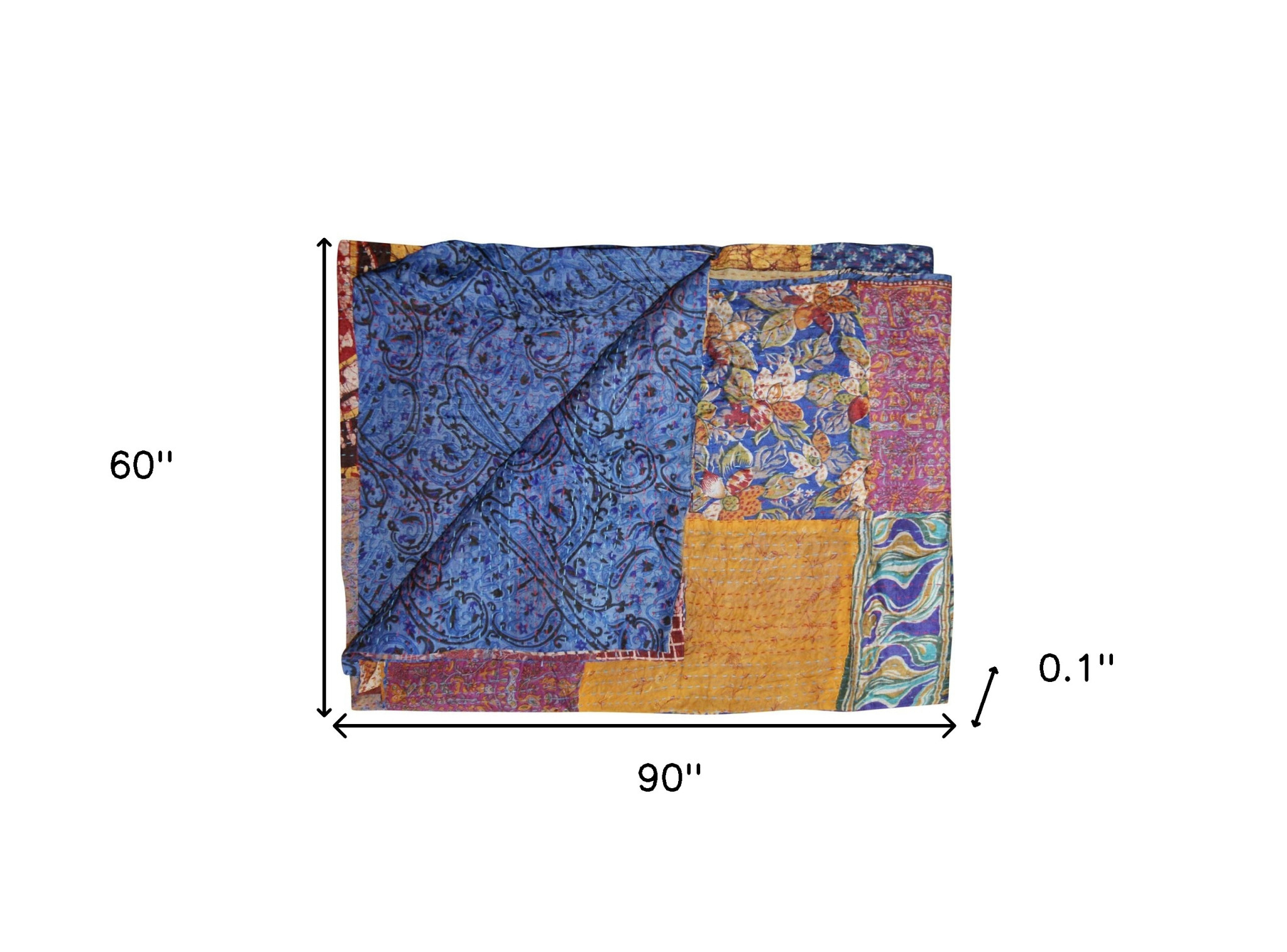 60" X 90" Blue and Yellow Kantha Cotton Patchwork Throw Blanket with Embroidery - Image 5