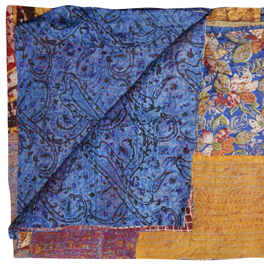 60" X 90" Blue and Yellow Kantha Cotton Patchwork Throw Blanket with Embroidery - Image 3