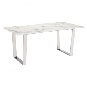 71" White And Silver Marble And Steel Sled Base Dining Table