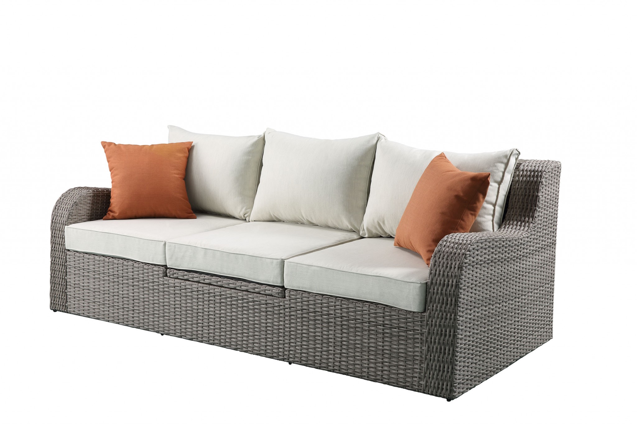 Three Piece Outdoor Gray Wicker Sectional Seating Group with Beige Cushions - Image 3