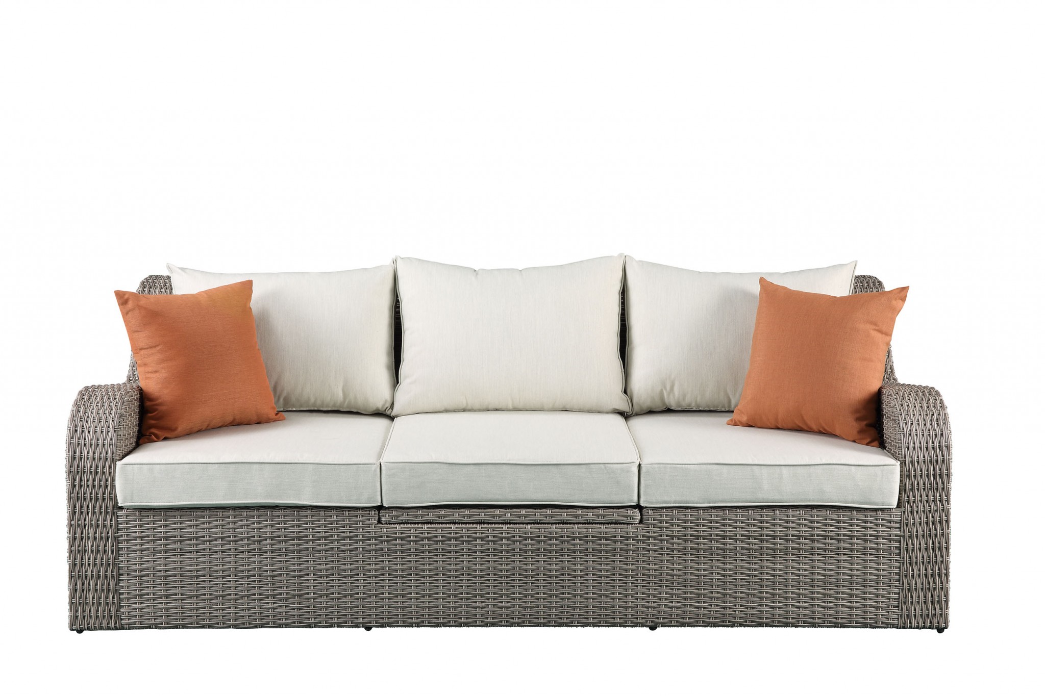 Three Piece Outdoor Gray Wicker Sectional Seating Group with Beige Cushions - Image 4