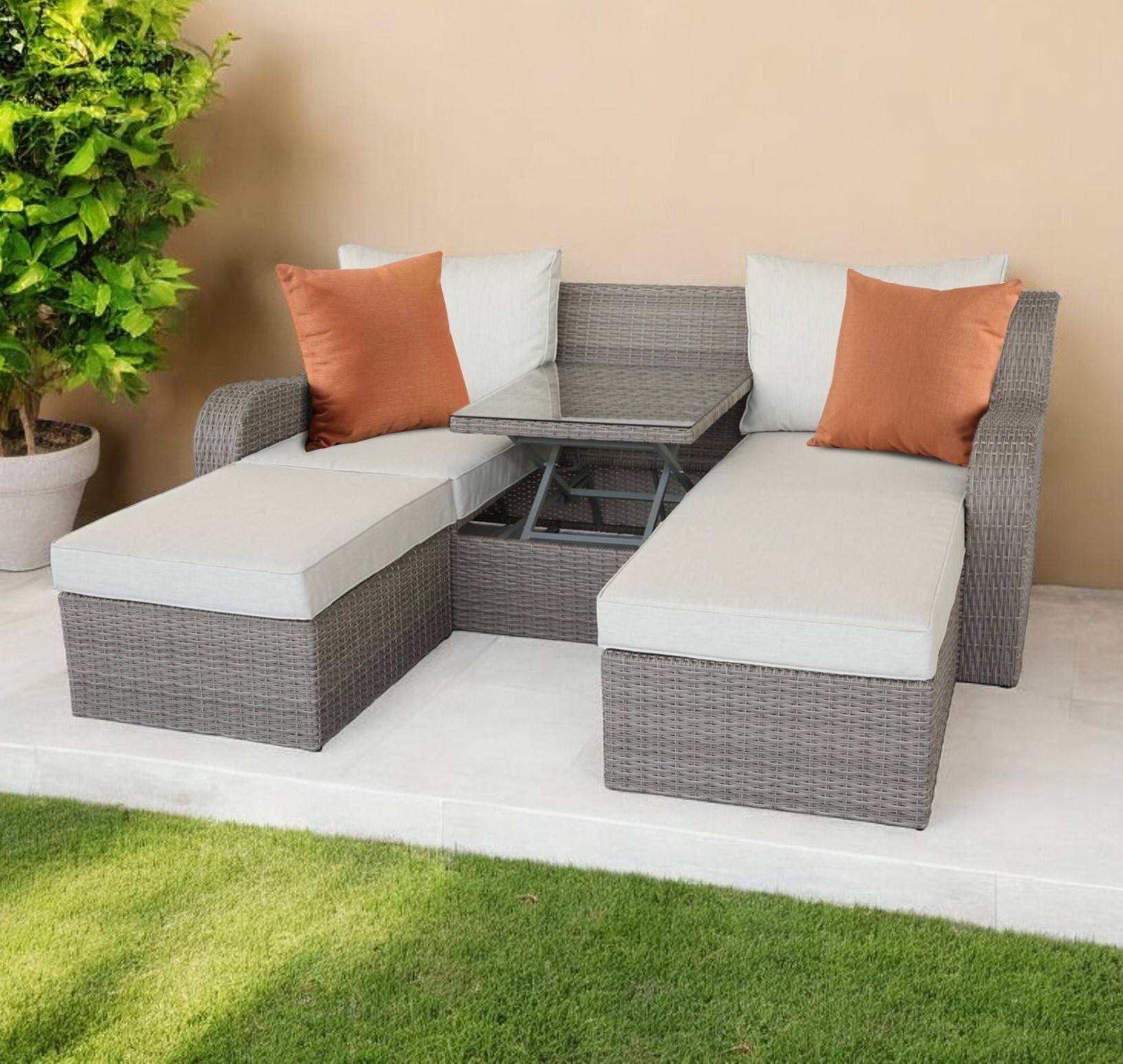 Three Piece Outdoor Gray Wicker Sectional Seating Group with Beige Cushions - Image 2