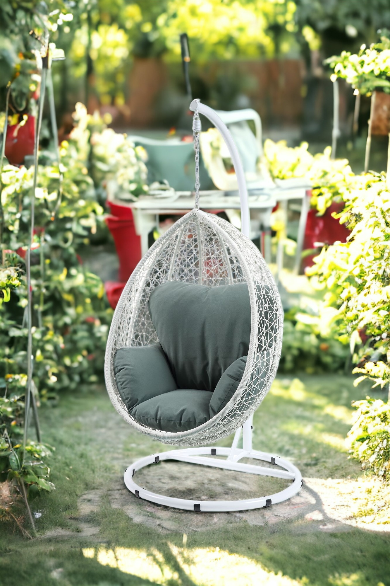 38" White Metal Swing Chair With Green Cushion - Image 2