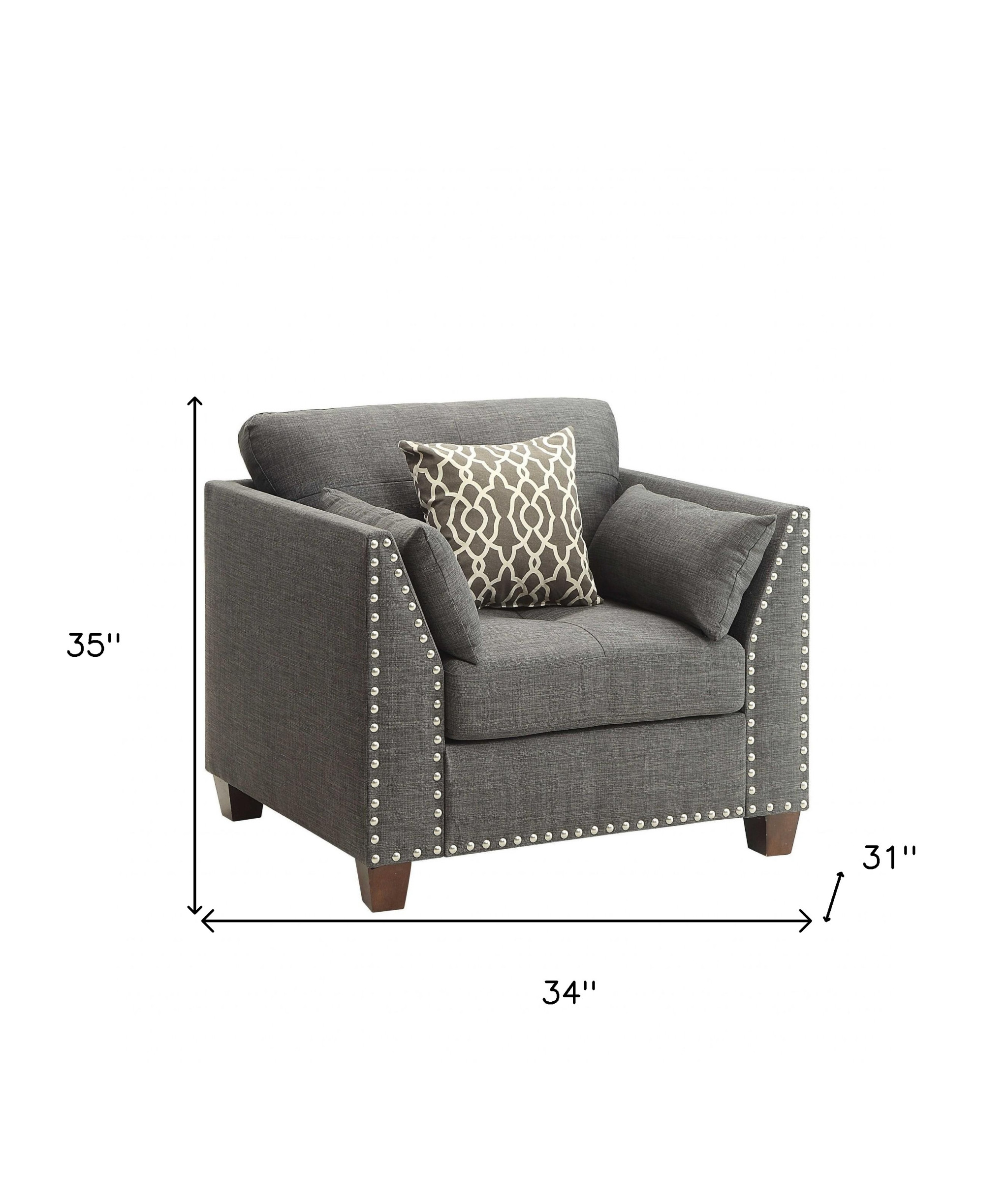 34" Charcoal and Brown Linen Arm Chair And Toss Pillows - Image 5