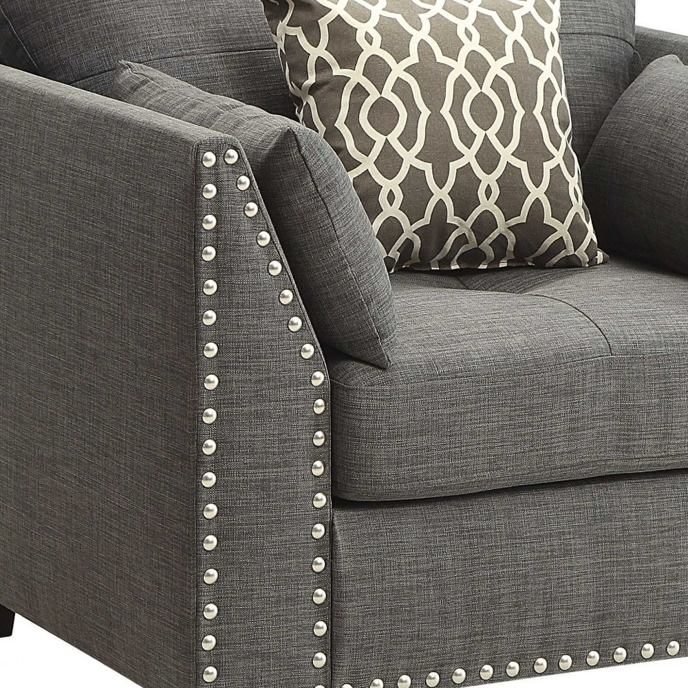 34" Charcoal and Brown Linen Arm Chair And Toss Pillows - Image 3