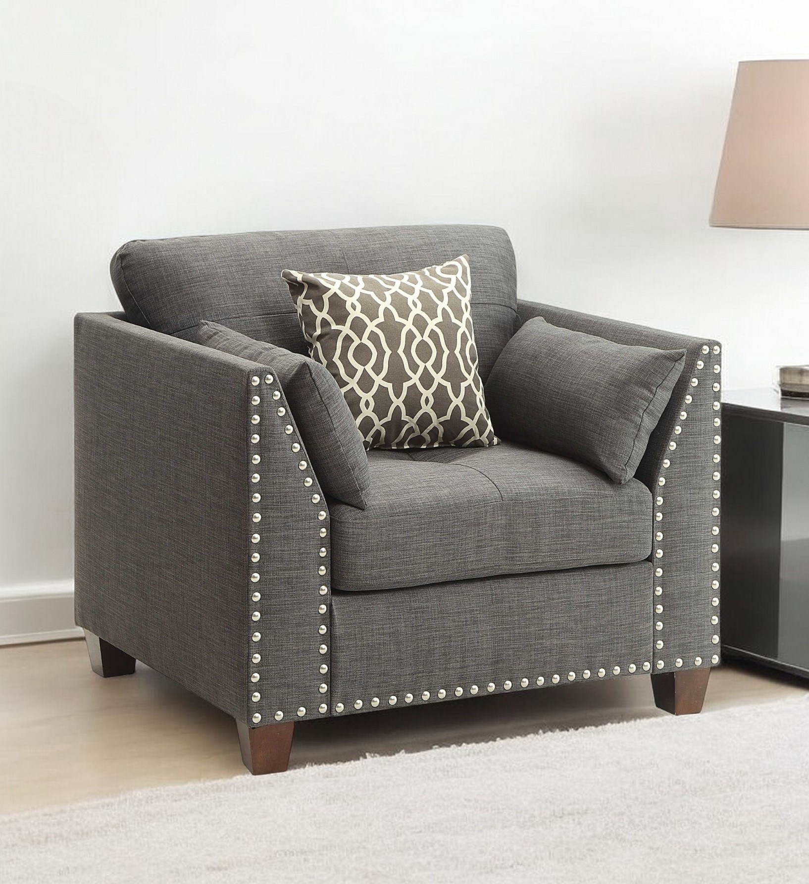 34" Charcoal and Brown Linen Arm Chair And Toss Pillows - Image 2