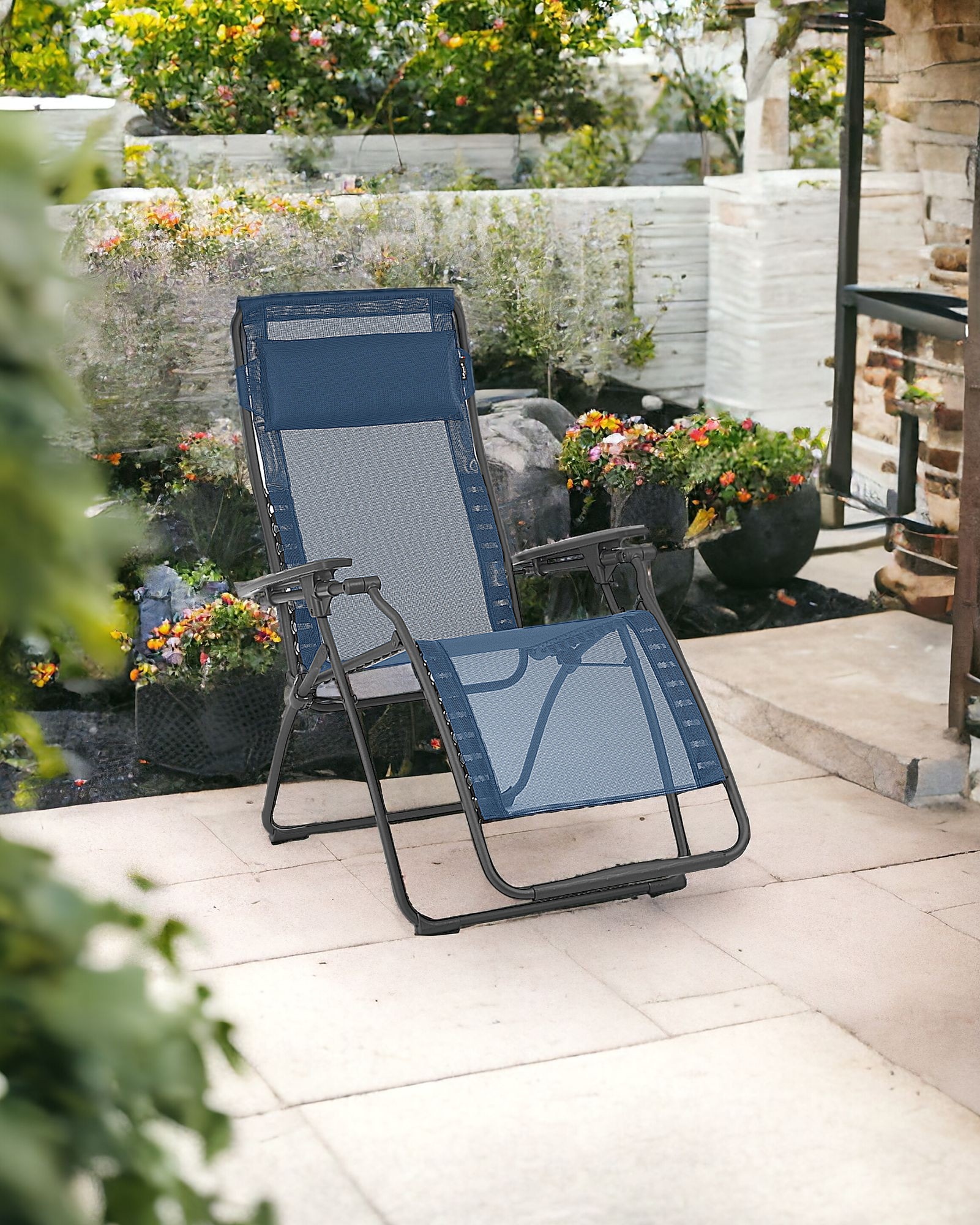 28" Blue Metal Outdoor Zero Gravity Chair with Blue Cushion - Image 2