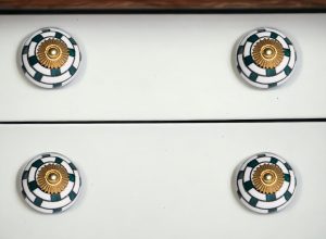 Set of Eight Green White And Gold Geometric Ceramic Drawer Pull Knobs