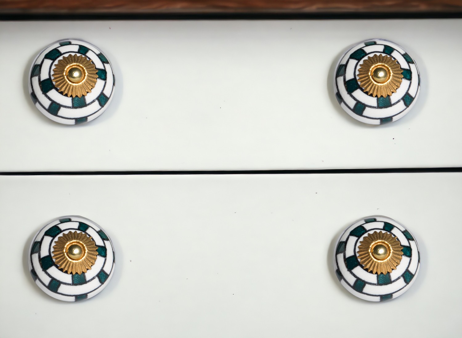 Set of Eight Green White And Gold Geometric Ceramic Drawer Pull Knobs