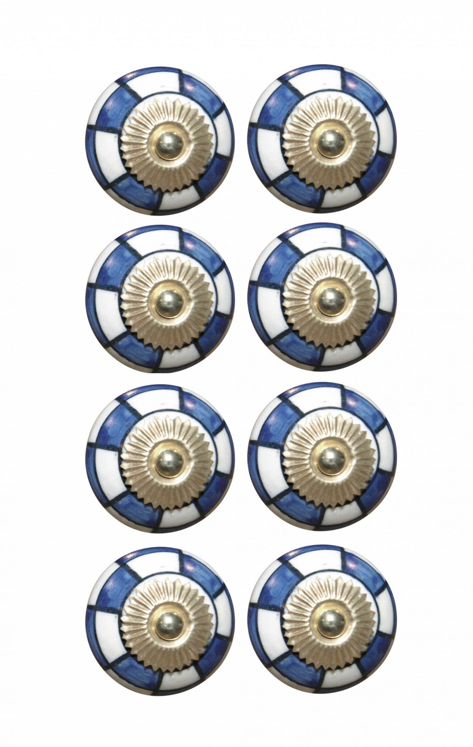 Set of Eight Blue White And Gold Geometric Ceramic Drawer Pull Knobs - Image 3