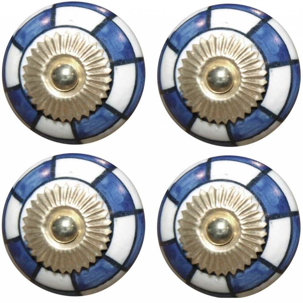 Set of Eight Blue White And Gold Geometric Ceramic Drawer Pull Knobs - Image 4