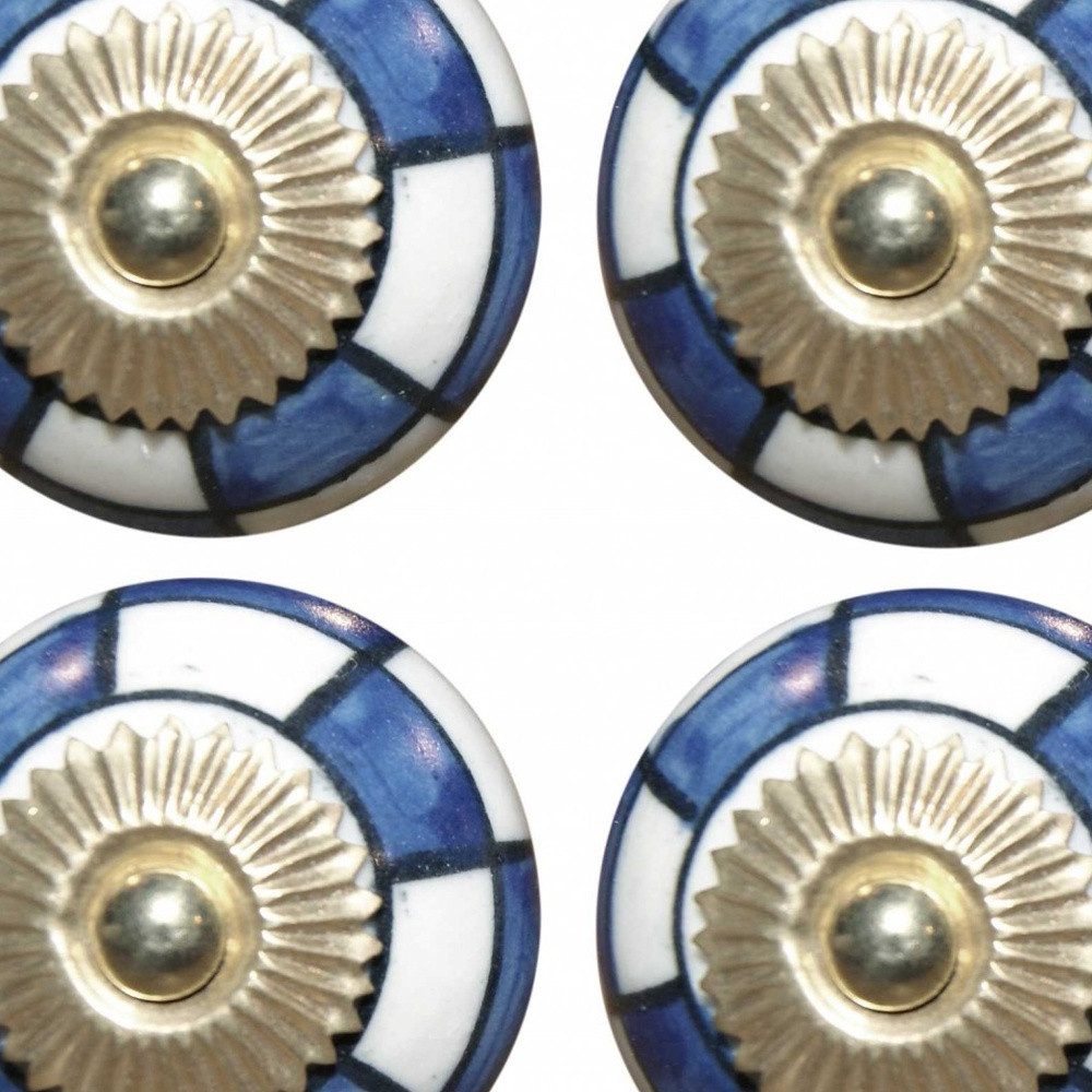 Set of Eight Blue White And Gold Geometric Ceramic Drawer Pull Knobs - Image 5