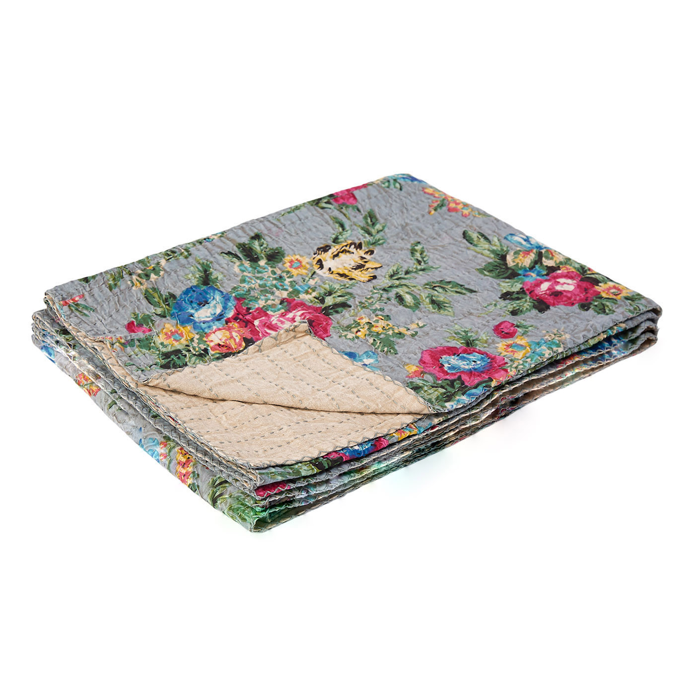 50" X 70" Pink Gray and Blue Kantha Cotton Floral Throw Blanket with Embroidery - Image 3