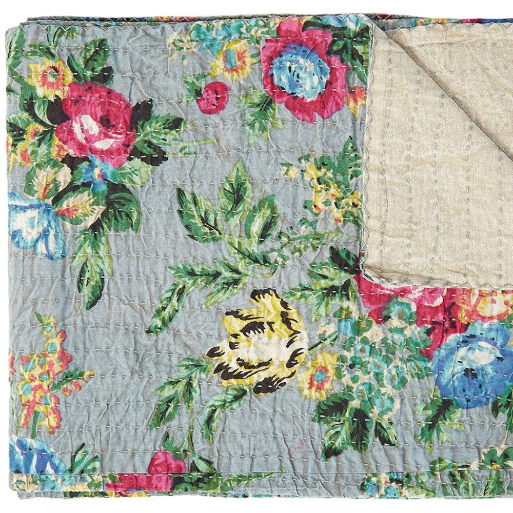 50" X 70" Pink Gray and Blue Kantha Cotton Floral Throw Blanket with Embroidery - Image 4