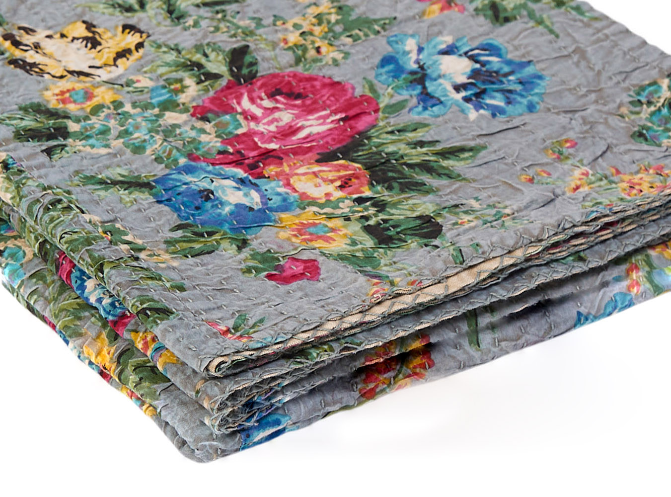 50" X 70" Pink Gray and Blue Kantha Cotton Floral Throw Blanket with Embroidery - Image 5