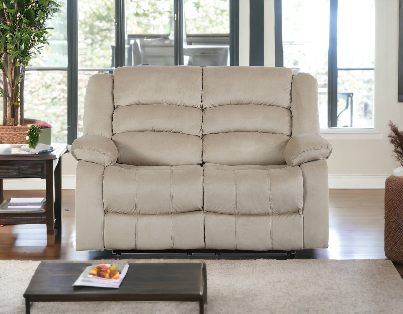 60" Beige Microfiber Manual Reclining Loveseat - Image 2