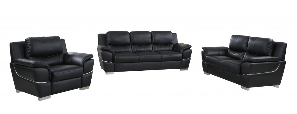 Three Piece Indoor Black Genuine Leather Six Person Seating Set - Image 5
