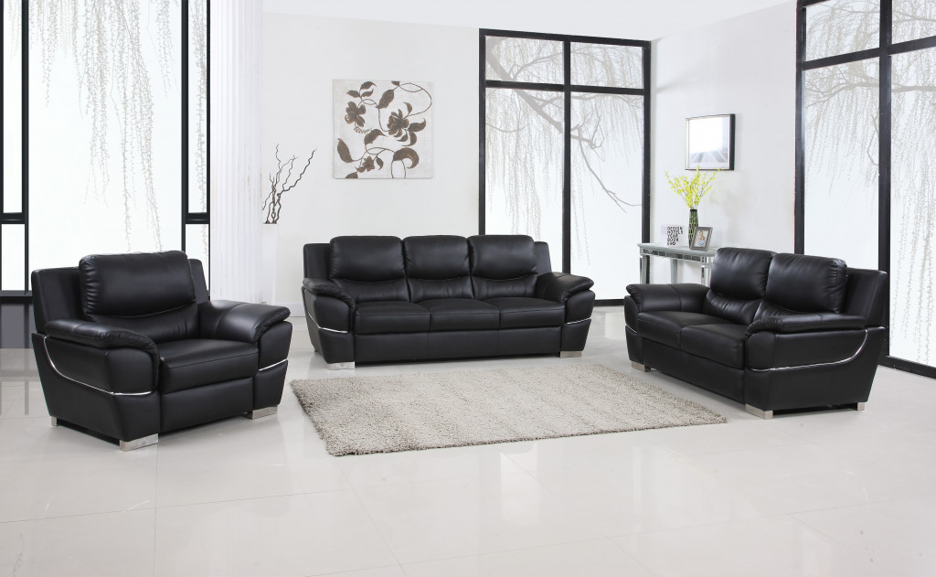 Three Piece Indoor Black Genuine Leather Six Person Seating Set - Image 8
