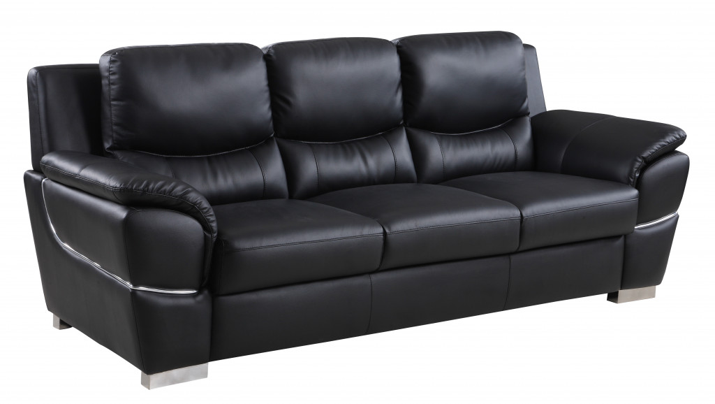 85" Black Leather Sofa With Silver Legs - Image 3