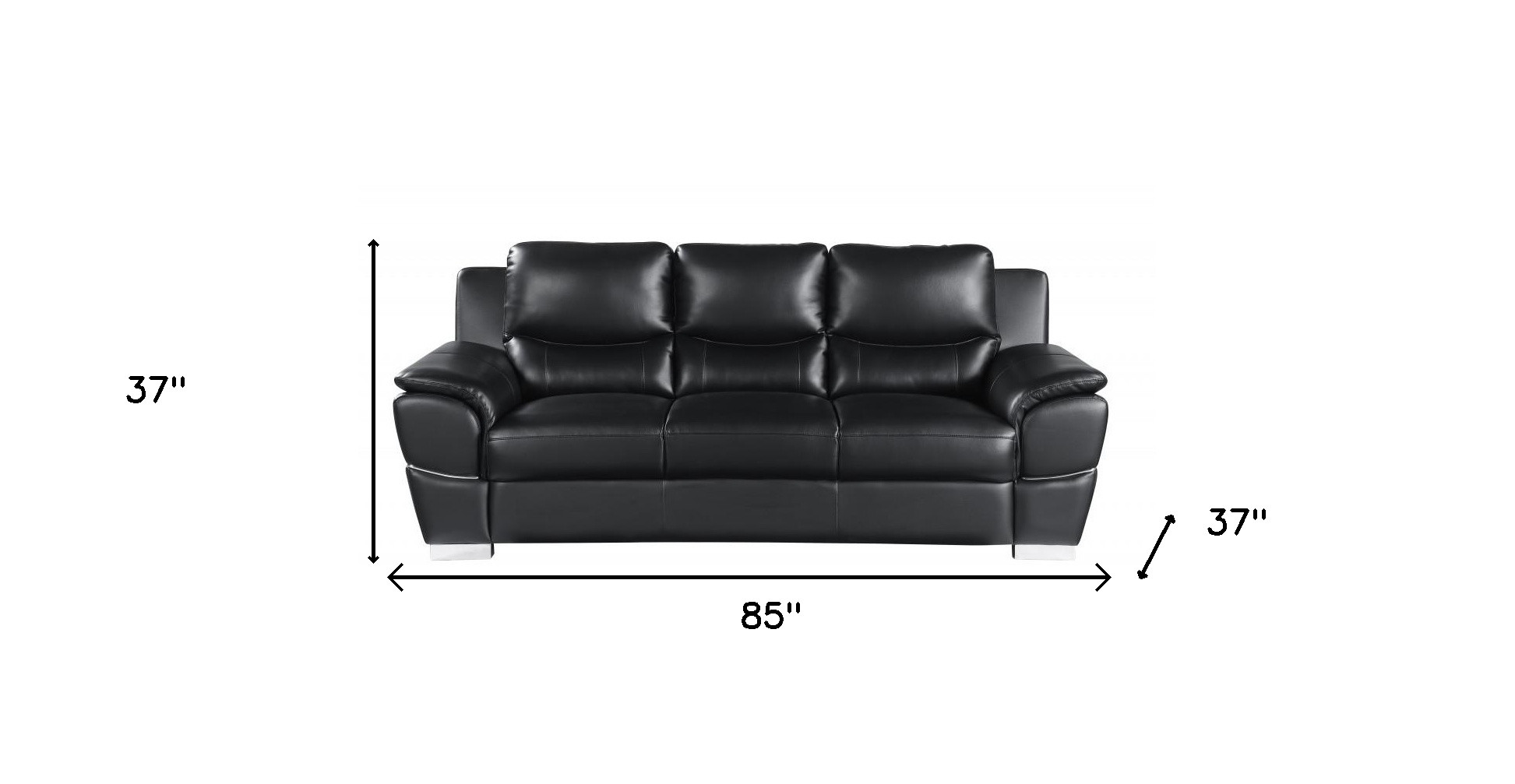 85" Black Leather Sofa With Silver Legs - Image 9