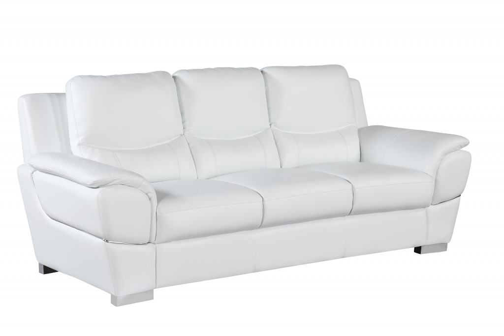 85" White Leather Sofa With Silver Legs - Image 3