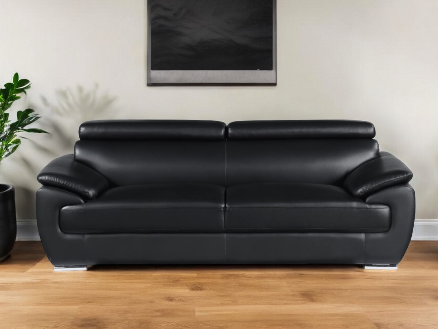 86" Black Leather Sofa With Silver Legs - Image 2