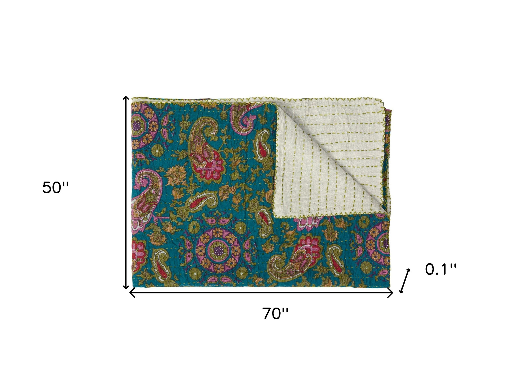 50" X 70" Green and Pink Kantha Cotton Paisley Throw Blanket with Embroidery - Image 6