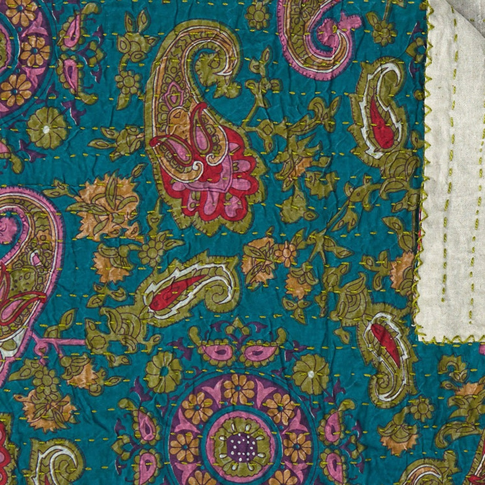 50" X 70" Green and Pink Kantha Cotton Paisley Throw Blanket with Embroidery - Image 5