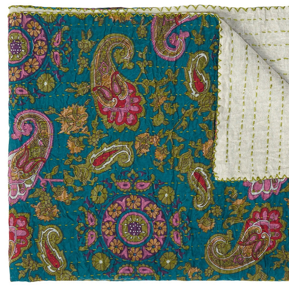 50" X 70" Green and Pink Kantha Cotton Paisley Throw Blanket with Embroidery - Image 4