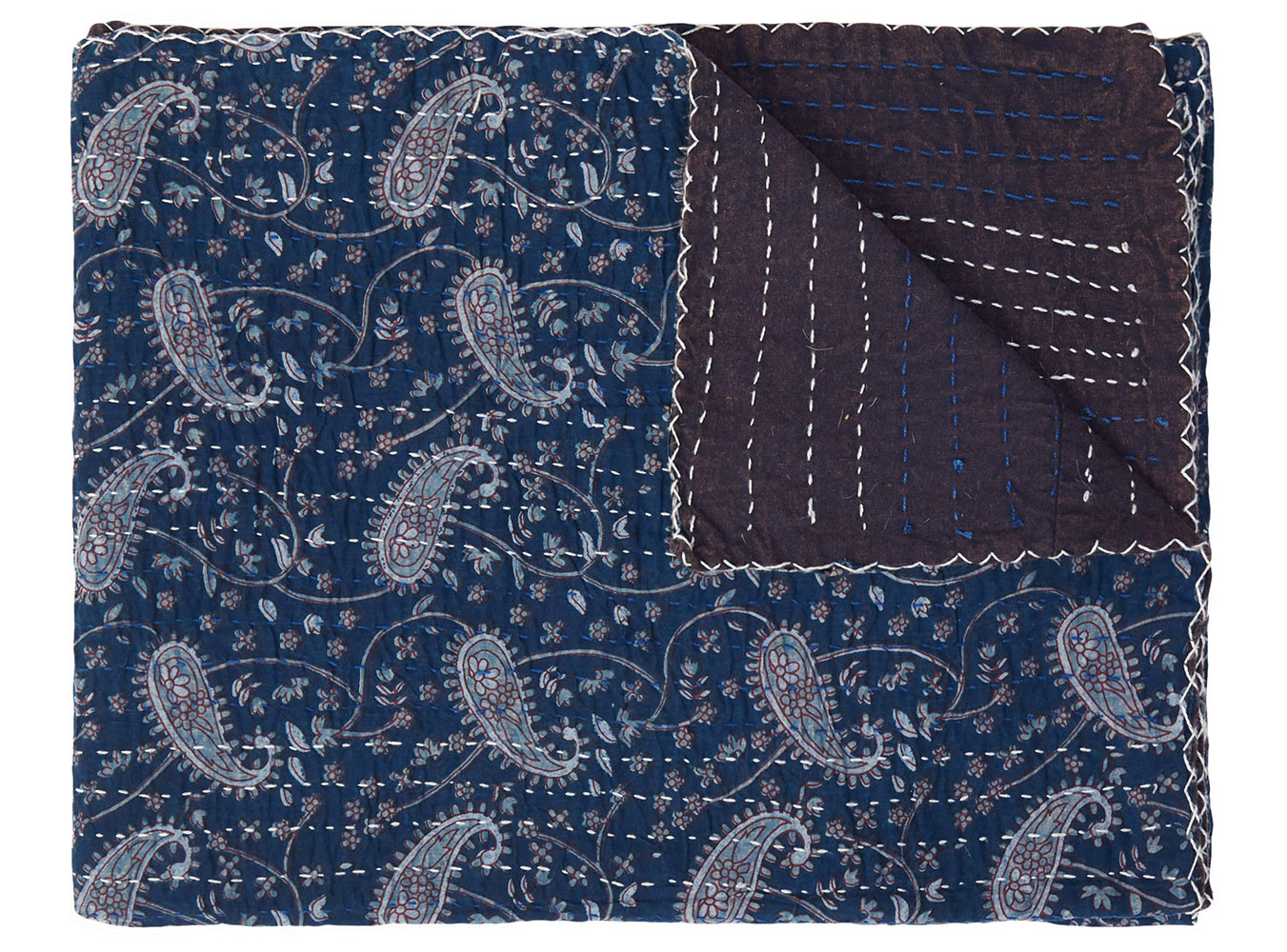50" X 70" Blue and Gray Kantha Cotton Paisley Throw Blanket with Embroidery - Image 2