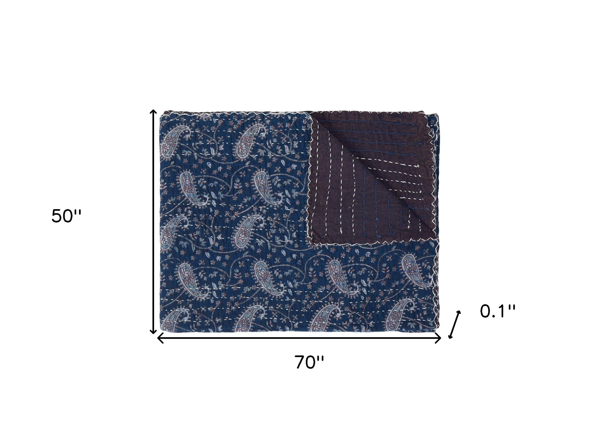 50" X 70" Blue and Gray Kantha Cotton Paisley Throw Blanket with Embroidery - Image 6