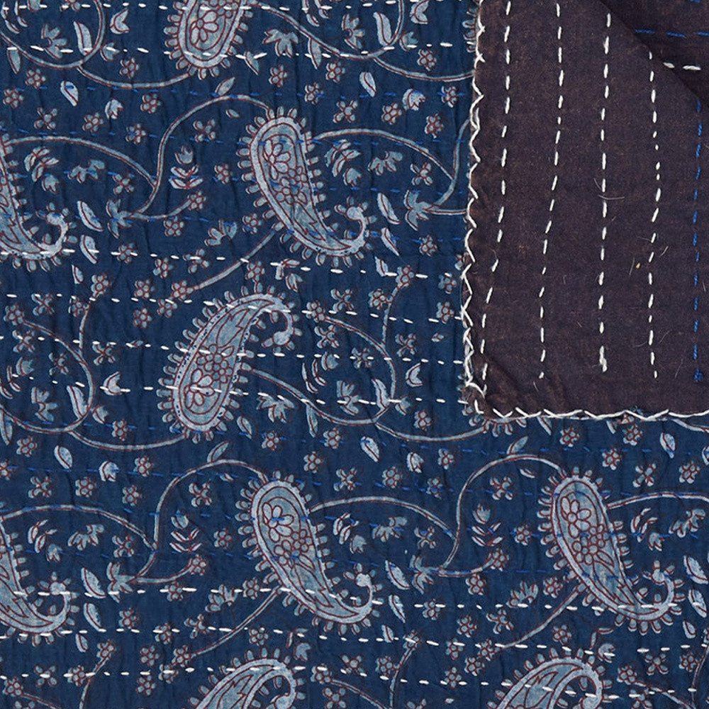 50" X 70" Blue and Gray Kantha Cotton Paisley Throw Blanket with Embroidery - Image 7