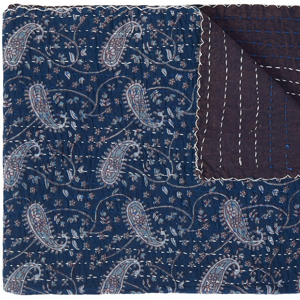 50" X 70" Blue and Gray Kantha Cotton Paisley Throw Blanket with Embroidery - Image 4