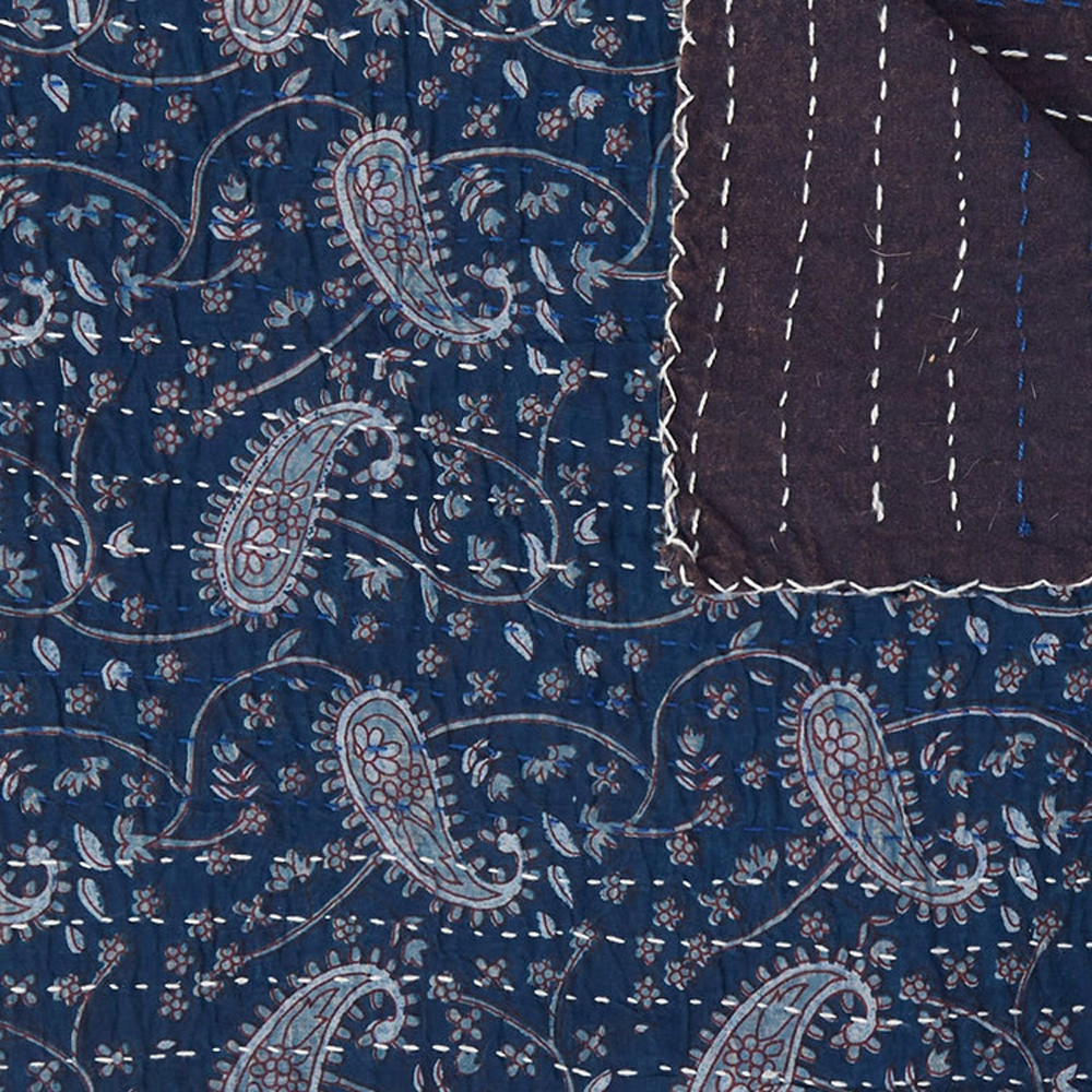 50" X 70" Blue and Gray Kantha Cotton Paisley Throw Blanket with Embroidery - Image 5