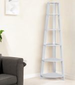 71" White Wood Five Tier Corner Bookcase