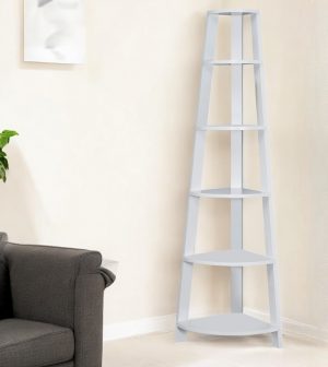 71" White Wood Five Tier Corner Bookcase
