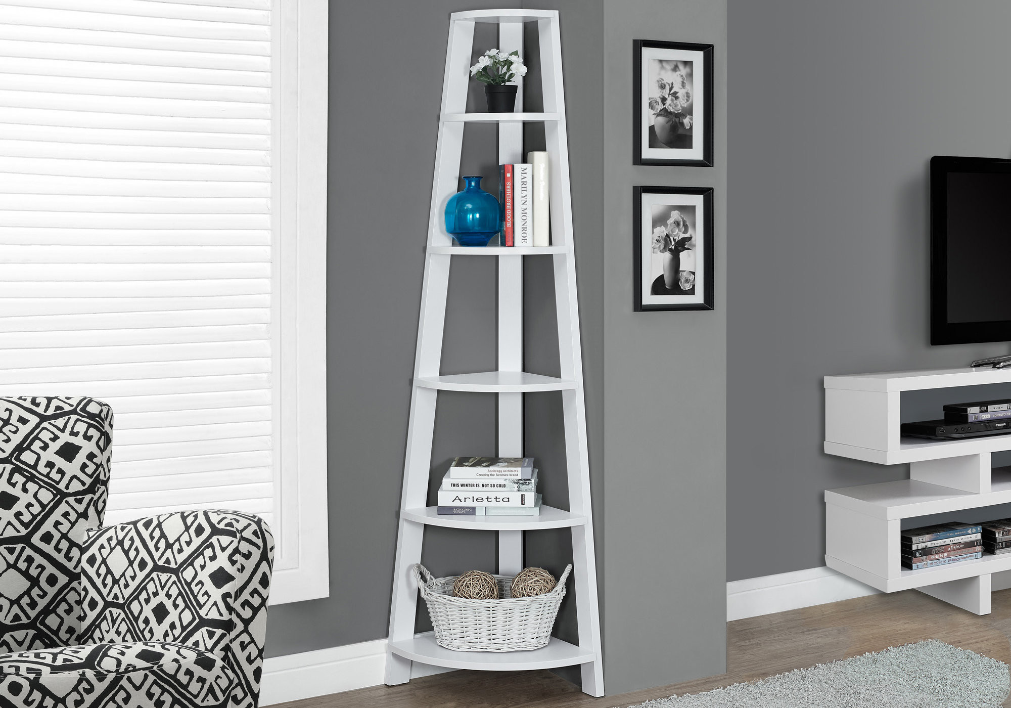 71" White Wood Five Tier Corner Bookcase - Image 3
