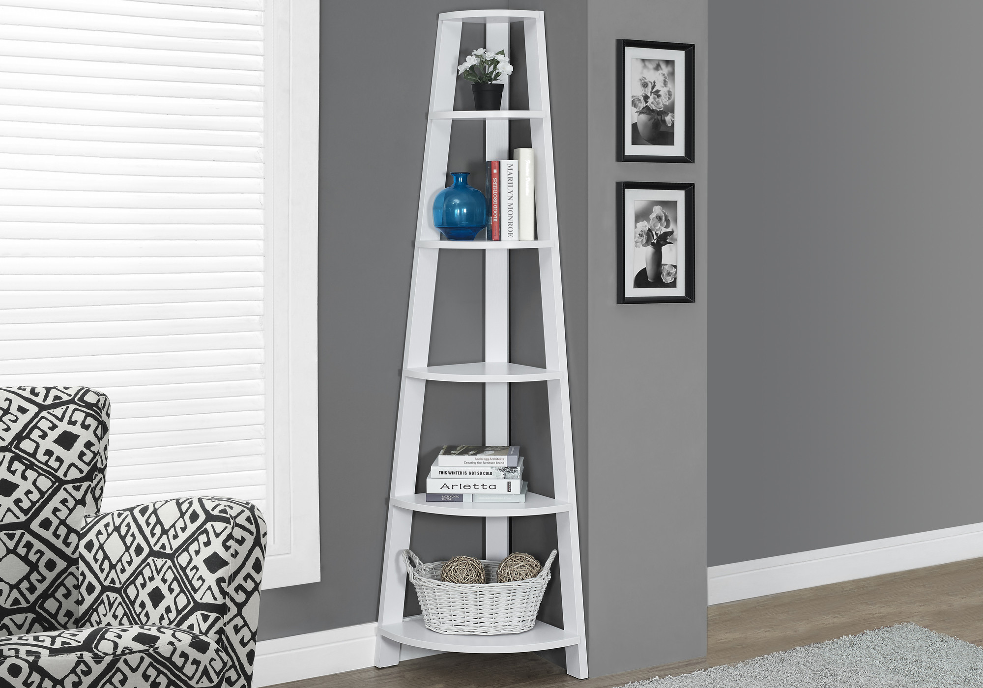 71" White Wood Five Tier Corner Bookcase - Image 4