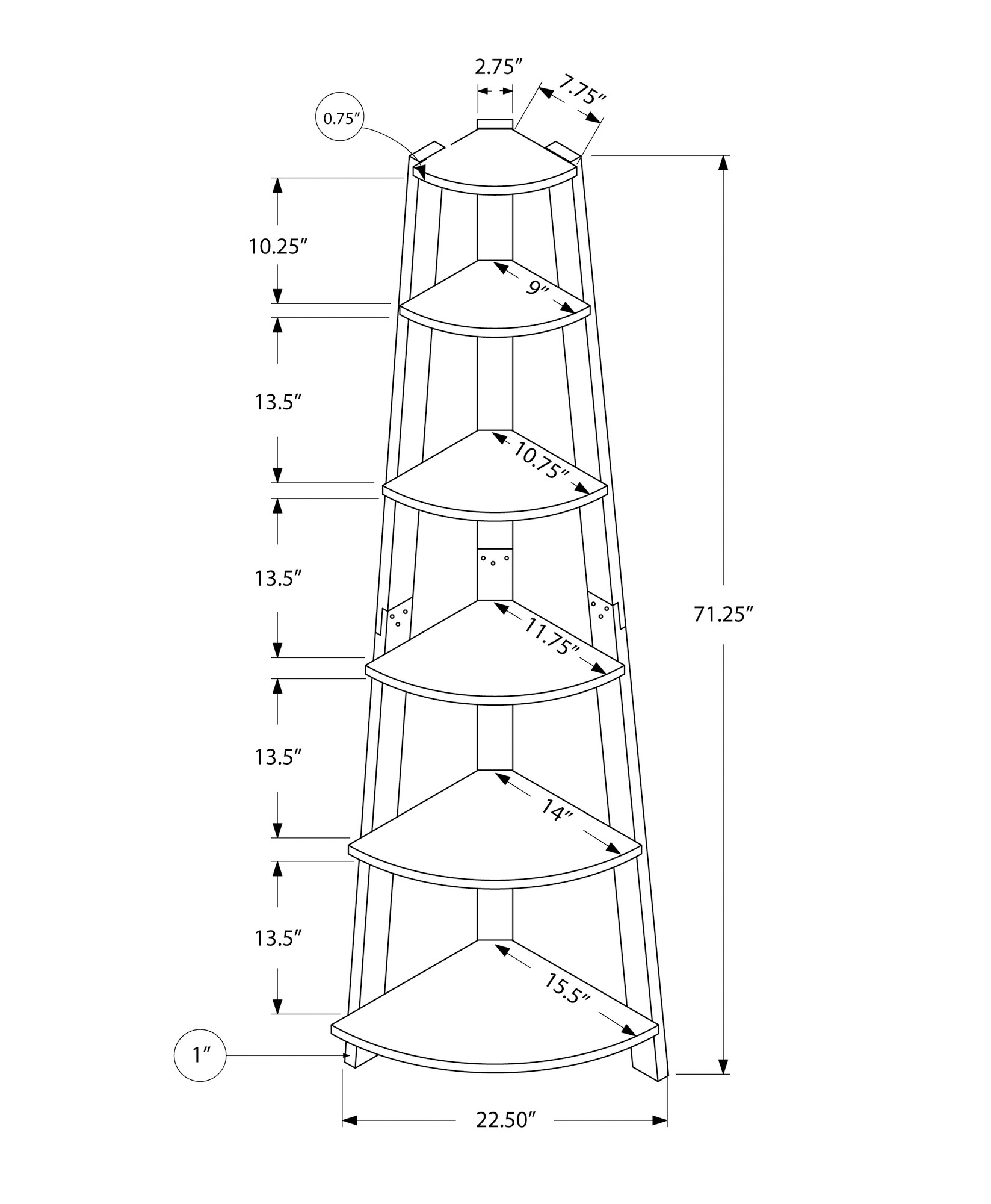 71" White Wood Five Tier Corner Bookcase - Image 5