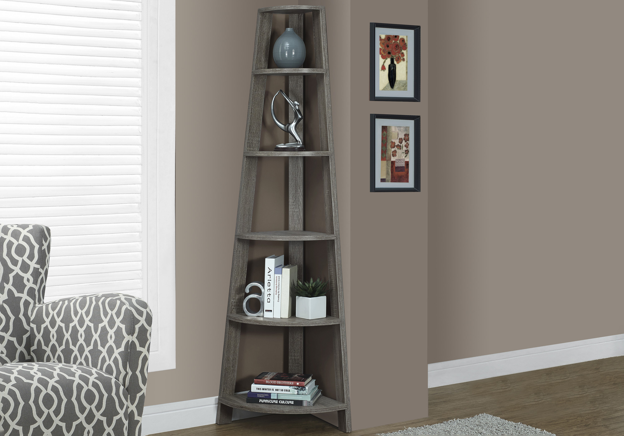 71" Taupe Wood Five Tier Corner Bookcase - Image 6