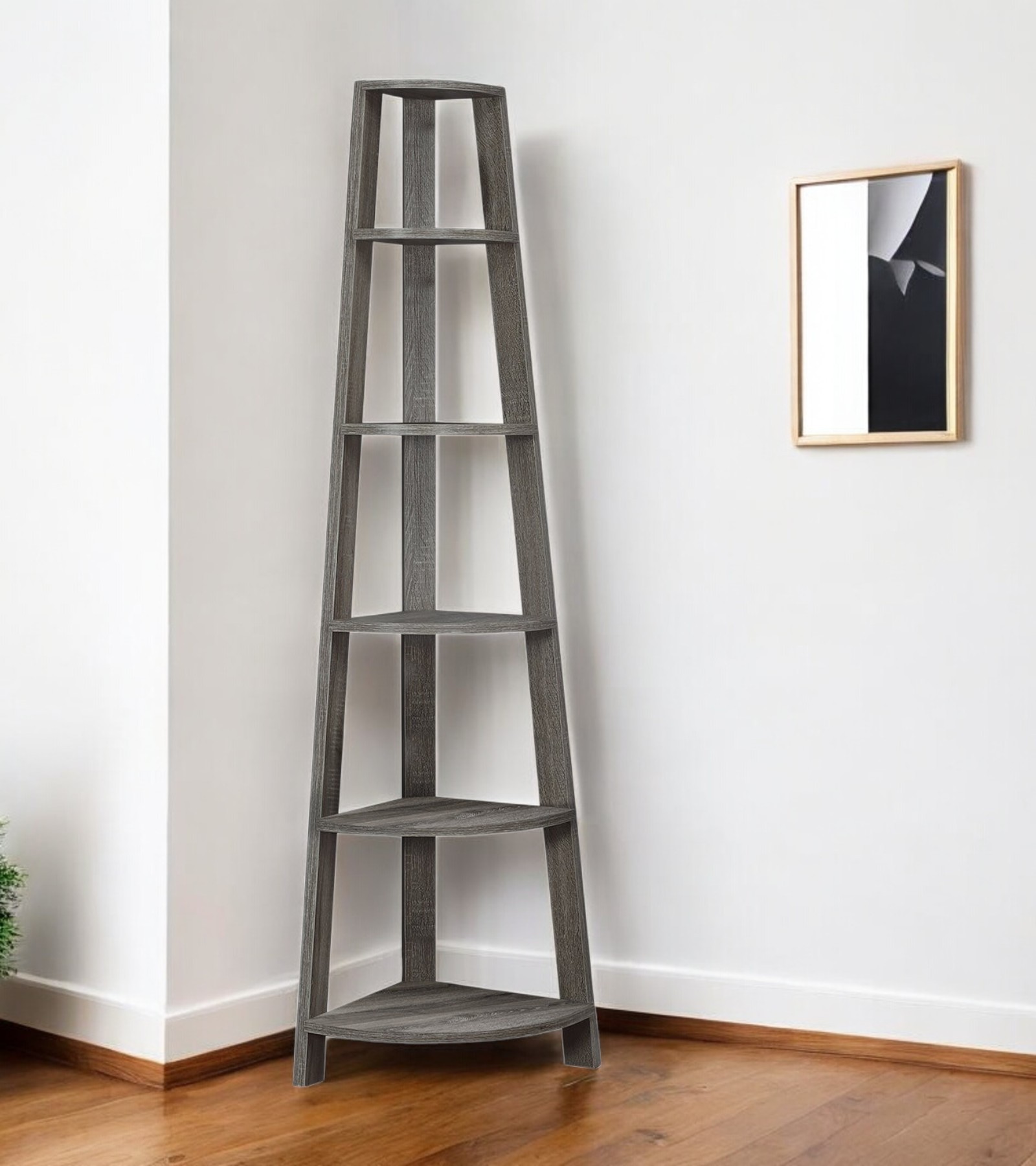 71" Taupe Wood Five Tier Corner Bookcase