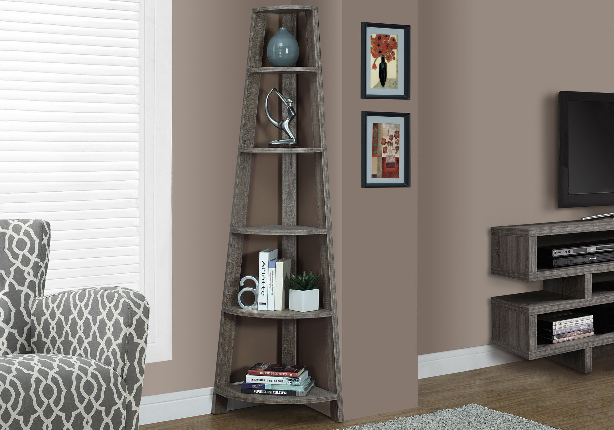 71" Taupe Wood Five Tier Corner Bookcase - Image 5