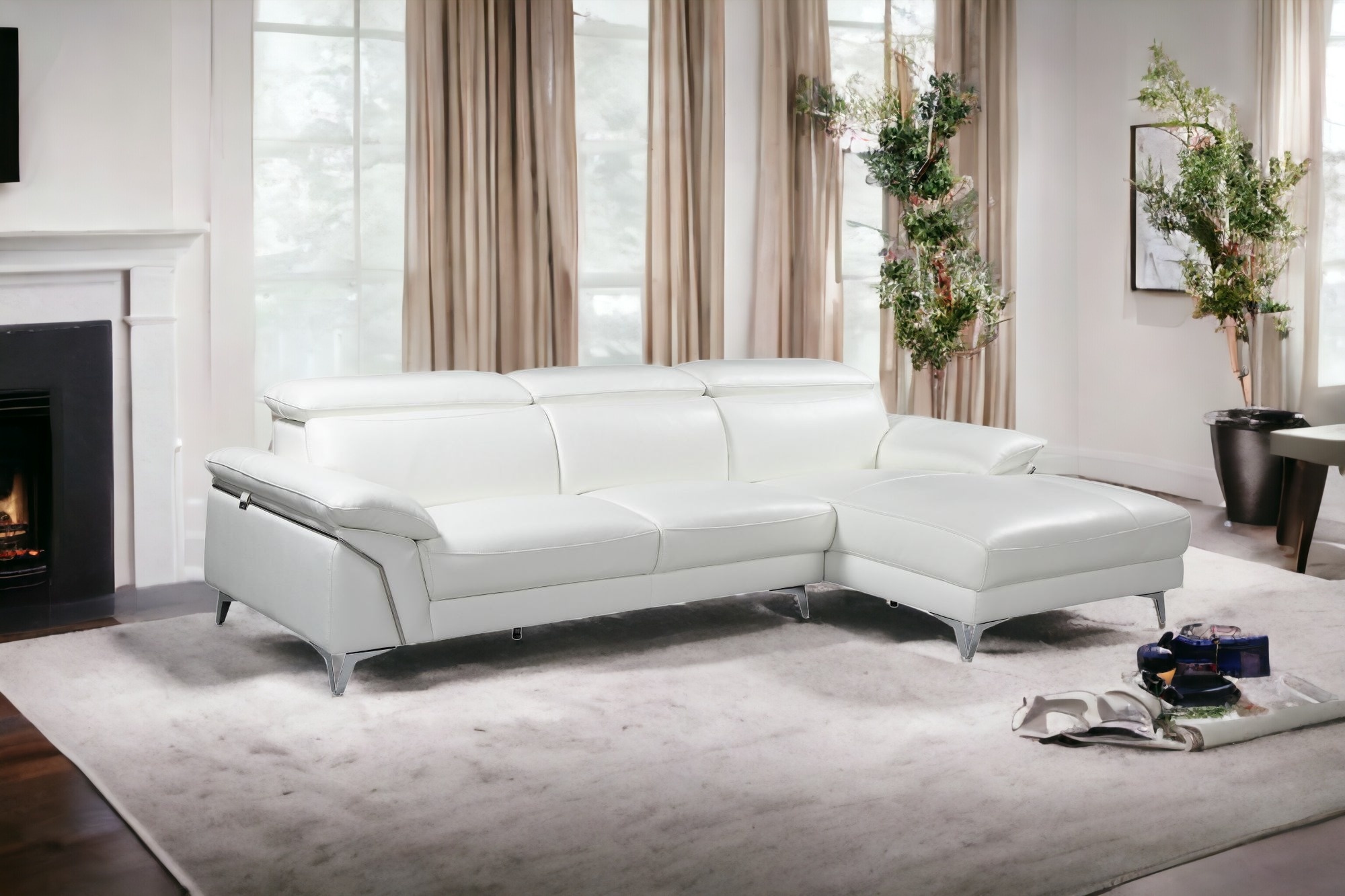 White Italian Leather L Shaped Two Piece Sofa and Chaise Sectional - Image 2