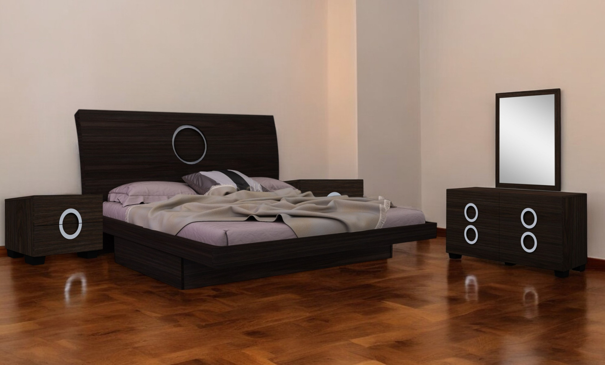 Four Piece Wood Brown Solid Wood Bedroom Set With Mirror - Image 2