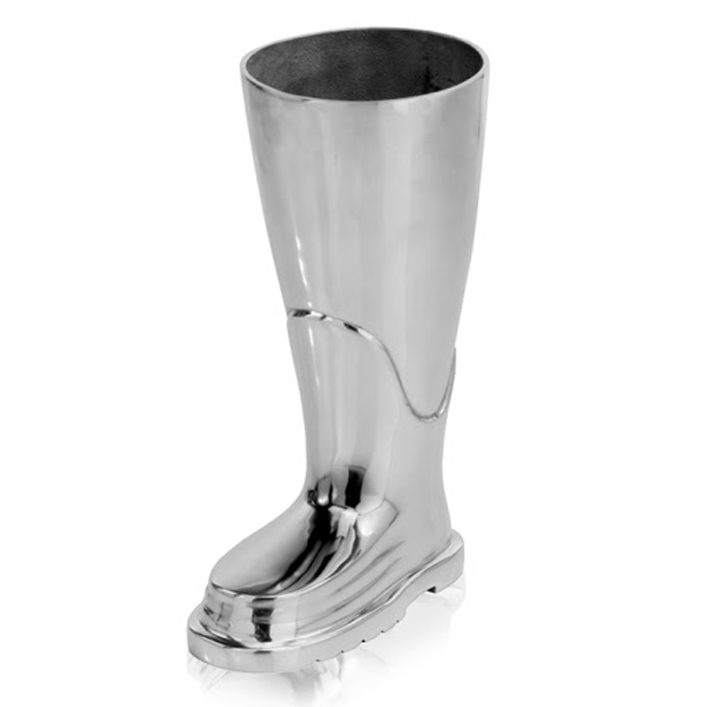 16" Silver Buffed Aluminum Firefighter Boot Umbrella Stand Sculpture - Image 2