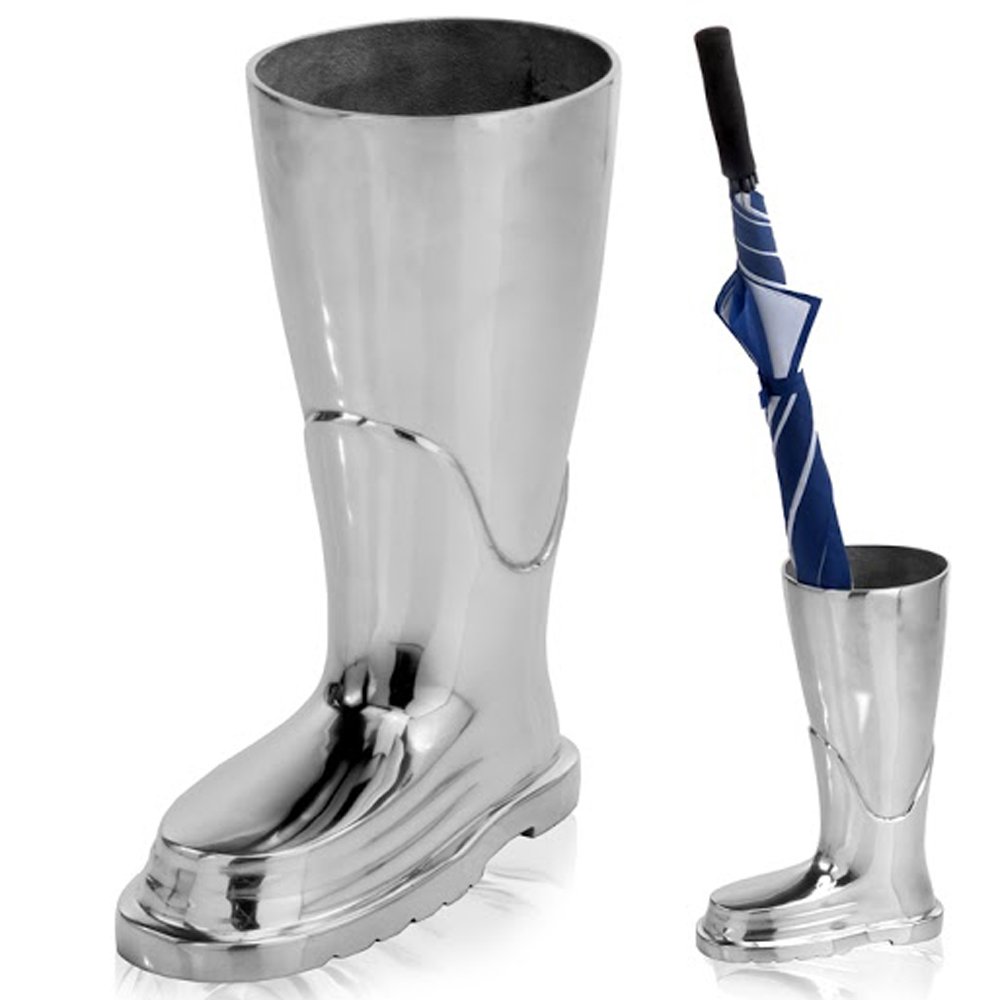 16" Silver Buffed Aluminum Firefighter Boot Umbrella Stand Sculpture - Image 6